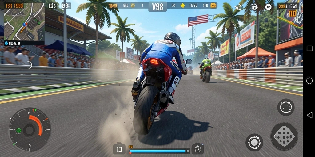 Screenshot V98 menampilkan gameplay balap motor yang seru dan menantang.